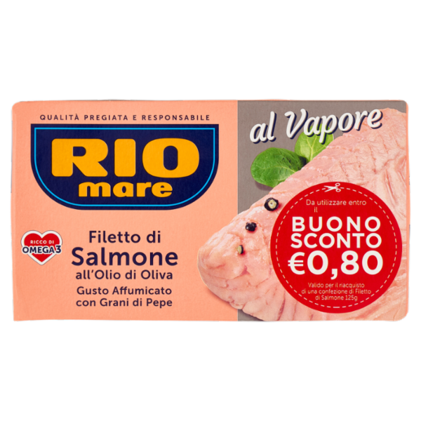 Rio mare Filetto di Salmone all'Olio di Oliva Gusto Affumicato con Grani di Pepe al Vapore 125 g