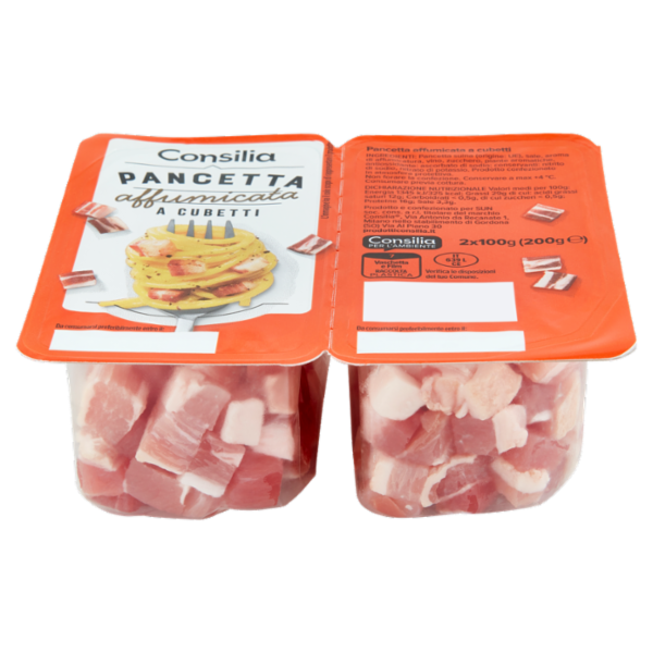 Consilia Pancetta Affumicata a Cubetti in Confezioni Salvafreschezza 2x100 g