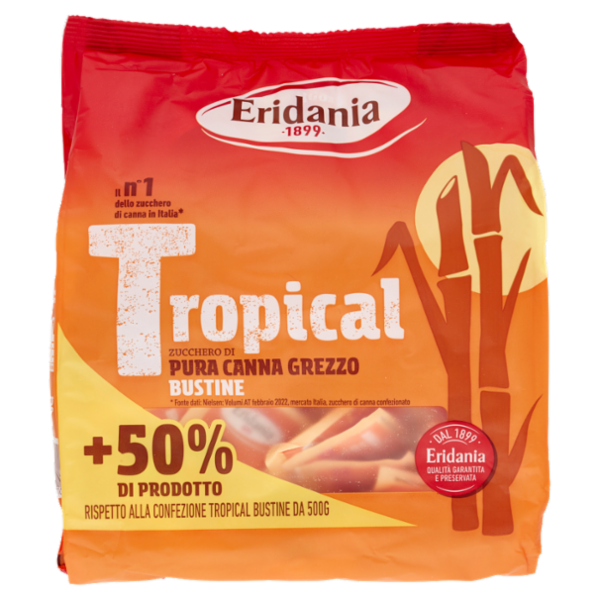 Eridania Tropical Zucchero di Pura Canna Grezzo Bustine 750 g