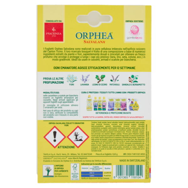 Orphea Salvalana Foglietti per Cassetti e Armadi al Profumo Naturale di Fiori 12 x 0,65 g