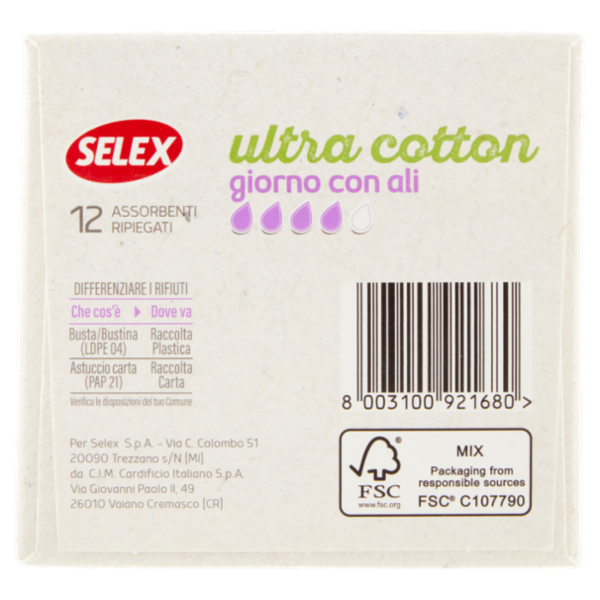 Selex Assorbenti Giorno con Ali in Cotone Biologico in Bustine Singole 12 pezzi