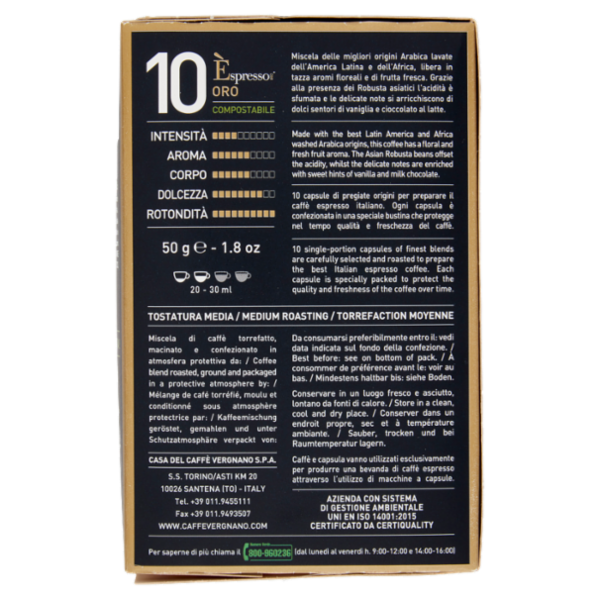 Caffè Vergnano 1882 Èspresso1882 Oro Compostabile** Capsule Compatibili Nespresso* 10 x 5 g