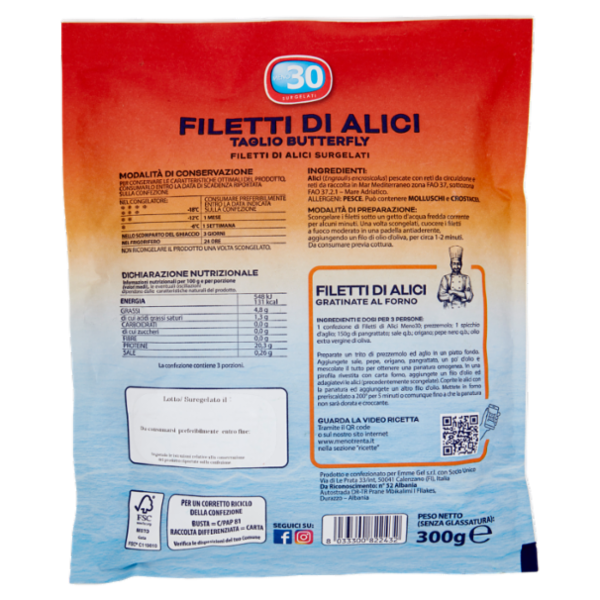 Meno 30 Il Cuoco di Mare Filetti di Alici Surgelati Taglio Butterfly 300 g
