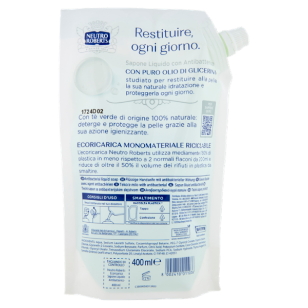 Neutro Roberts con Antibatterico Tè Verde Sapone Liquido Ecoricarica 400 ml