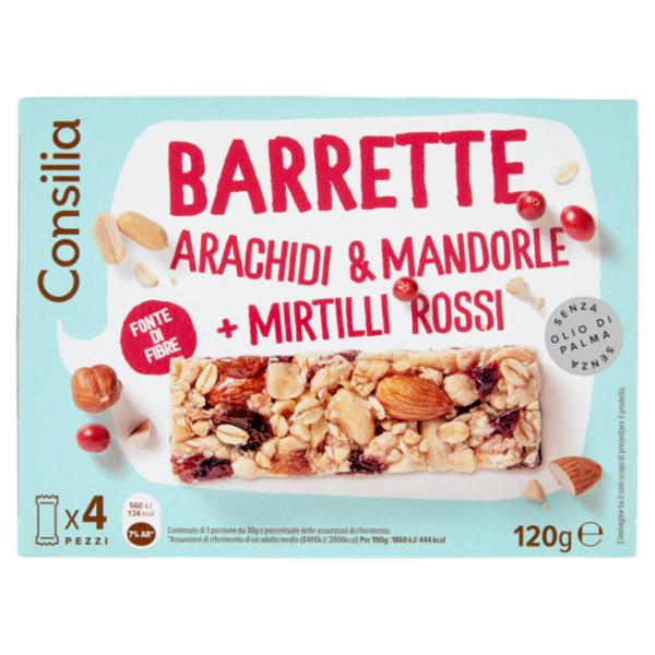 Consilia Barrette di Cereali con Arachidi, Mandorle e Mirtilli Rossi 4x30 g