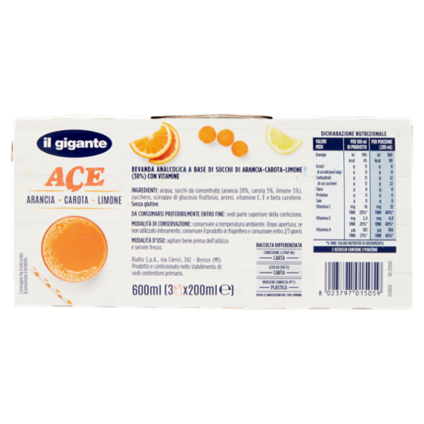 IL GIGANTE ACE Arancia Carota Limone 3 x 200 ml