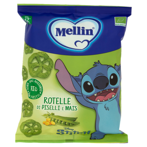 MELLIN Rotelle di Piselli&Mais Disney Stitch, Snack Biologico, Senza Glutine, adatto dai 12 mesi 20g