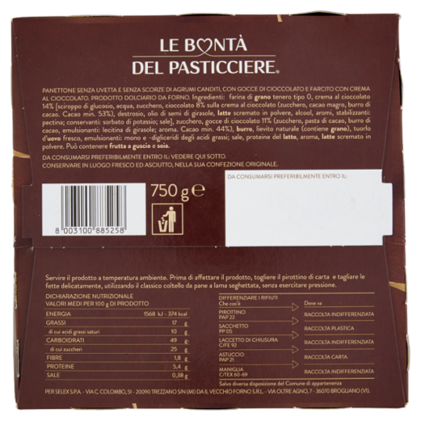 Le Bontà del Pasticciere Panettone con Gocce Cioccolato con Farcitura 750 g