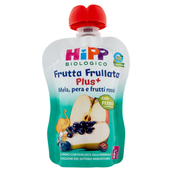 HiPP Biologico Frutta Frullata Plus⁺ Mela, pera e frutti rossi con ferro 90 g