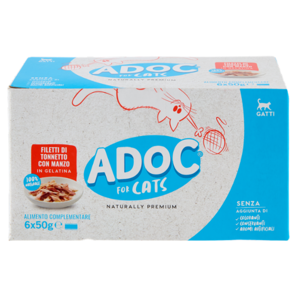 ADoC For Cats Naturally Premium Filetti di Tonnetto con Manzo in Gelatina 6 x 50 g
