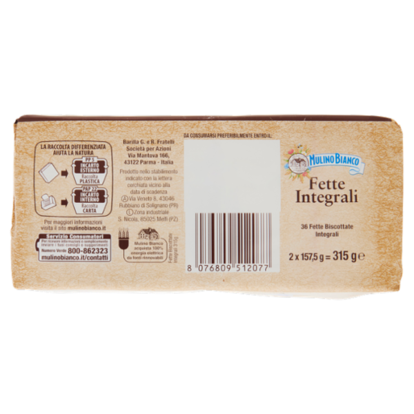 Mulino Bianco Fette Biscottate Integrali Ricche di Fibre 315g