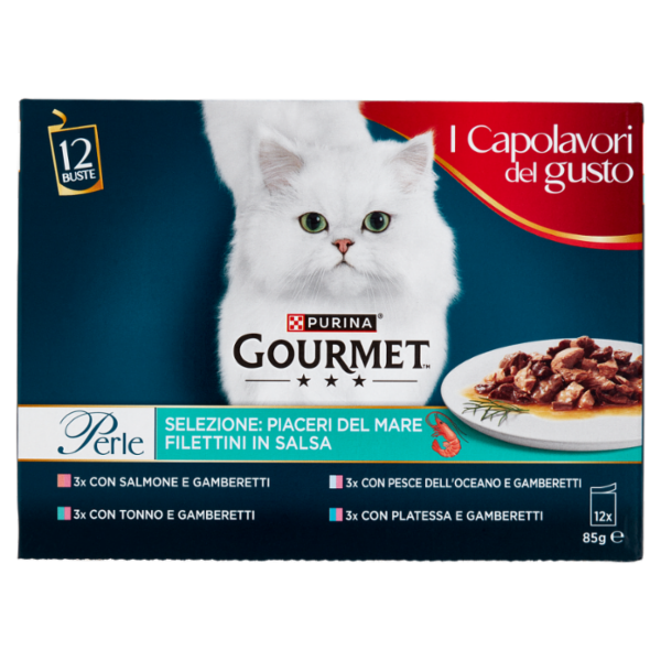 PURINA GOURMET Perle Piaceri del Mare Filettini in Salsa Salmone,Pesce Oceano,Tonno,Platessa 12x85g