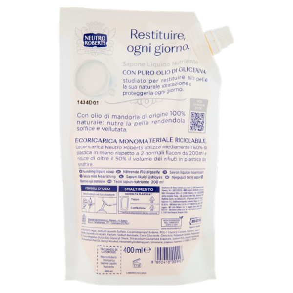 Neutro Roberts Nutriente Olio di Mandorla Sapone Liquido Ecoricarica 400 ml
