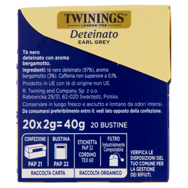 Twinings Deteinato Earl Grey Tè Nero Deteinato dal sapore di Bergamotto 20 filtri The 40 g