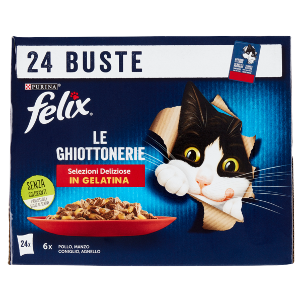 FELIX Le Ghiottonerie Selezioni Deliziose in Gelatina (Pollo, Manzo, Coniglio, Agnello) 24 x 85 g