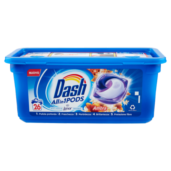 Dash PODS Allin1 Detersivo Lavatrice Capsule Bucato Touch of Lenor Profumo Ambra 26 Lavaggi 618,8 g