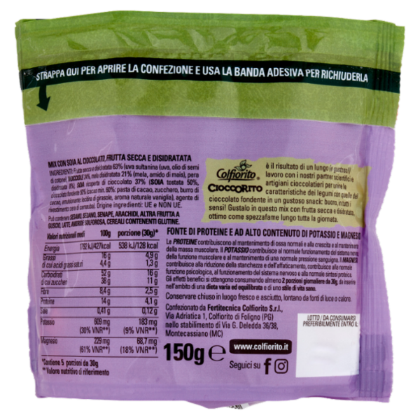 Colfiorito Cioccorito Mix Soia Tostata Ricoperta di Cioccolato Fondente, Nocciola, Mela e Pera 150 g