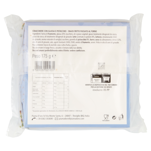 Piuma D'oro Chiacchiere con decorazioni al pistacchio 175 g