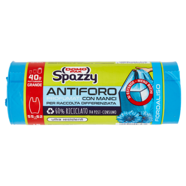 Domopak Spazzy Antiforo Profumati con Manici 40 lt Pattumiera Grande 55x62 cm Fiordaliso 15 pz