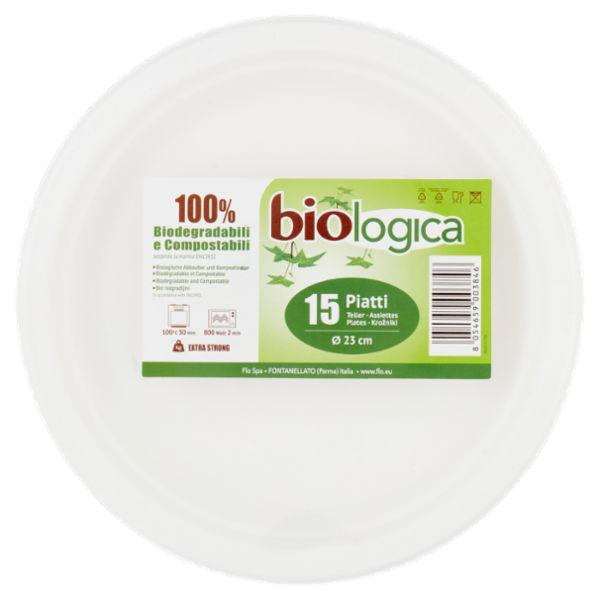 biologica Piatti Ø 23 cm 100% Biodegradabili e Compostabili 15 pz
