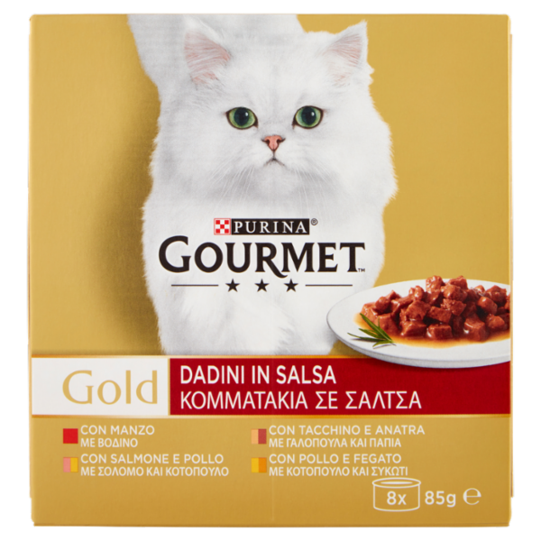 PURINA GOURMET Gold Dadini in Salsa Manzo/Salmone & Pollo/Tacchino & Anatra/Pollo & Fegato 8 x 85 g
