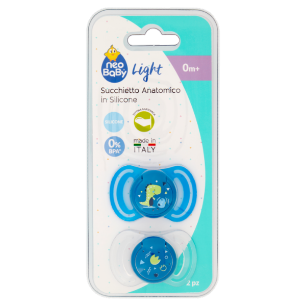 neo Baby Light Succhietto Anatomico in Silicone 0m+ Dino Blu 2 pz
