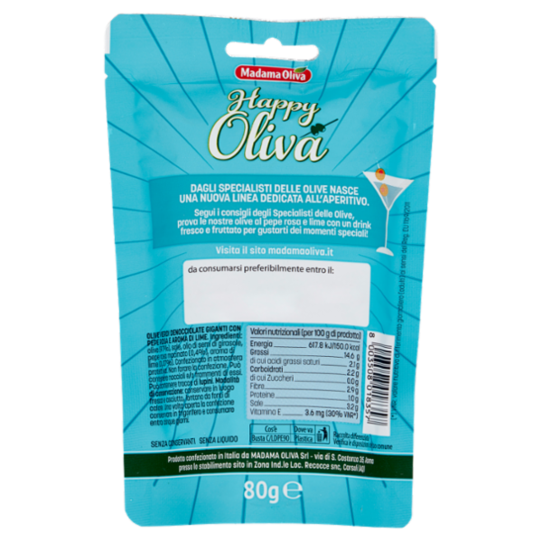 Madama Oliva Happy Oliva Olive Verdi Giganti denocciolate Gusto Pepe Rosa e Lime 80 g
