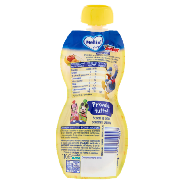 MELLIN Disney Paperino Merenda di Frutta 100% con VitC, Frutta Mista, dal 9° mese, 110g