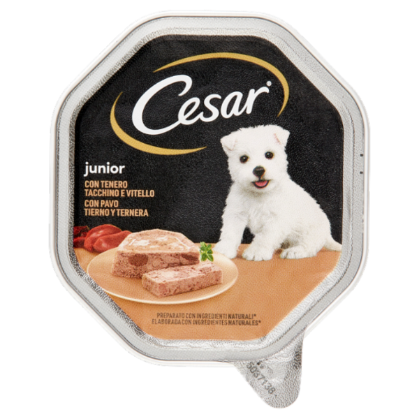 Cesar Junior Cibo Umido Cane in Vaschetta con Tenero Tacchino e Vitello 150 g