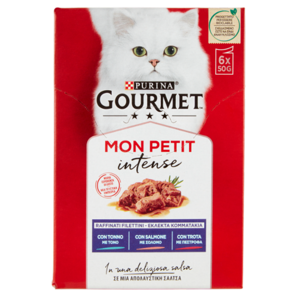 PURINA GOURMET Mon Petit Filettini Intense cotti in Salsa (Tonno / Salmone / Trota) 6x50g