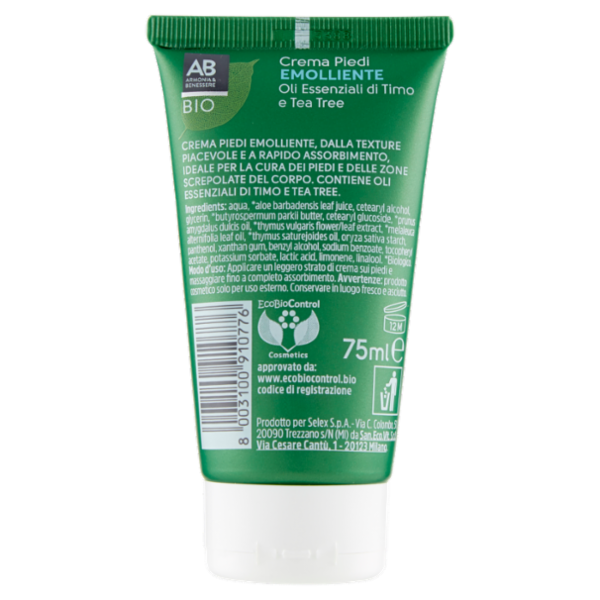 Armonia & Benessere Crema Piedi Emolliente Bio con Oli Essenziali di Timo e Tea Tree 75 ml