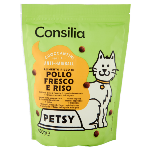 Consilia Petsy Gatto Anti-Hairball Croccantini con Pollo Fresco e Riso 400 g