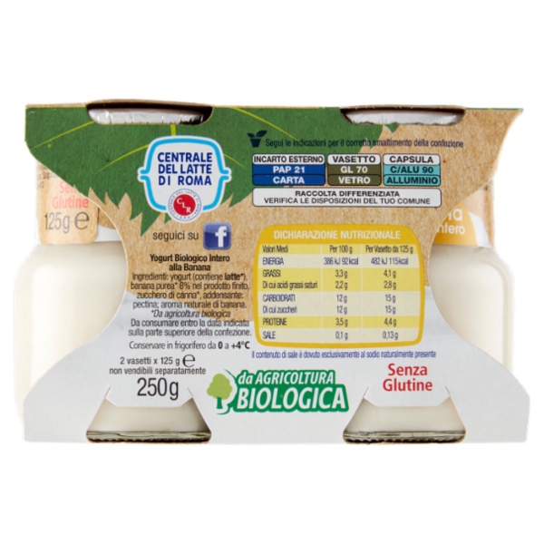 Centrale del Latte di Roma Banana yogurt intero da Agricoltura Biologica 2 x 125 g