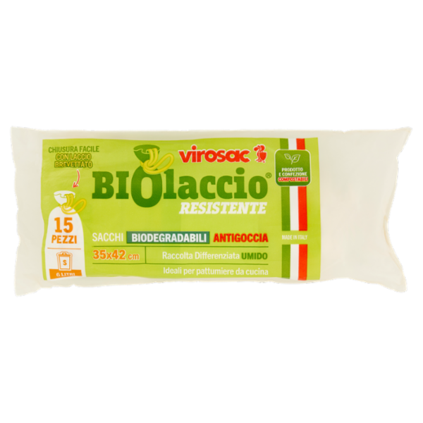 virosac Biolaccio Resistente Sacchi Biodegradabili Antigoccia 35x42 cm 6 Litri S 15 pz