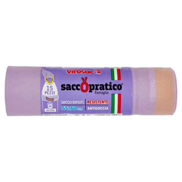 virosac saccopratico Famiglia Sacco Rifiuti Resistente Antigoccia 55x60 cm 40 Litri M 15 pz