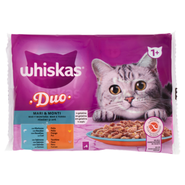 Whiskas Duo Mari & Monti in gelatina, con Merluzzo & Pollo, con Salmone & Tacchino 4 x 85 g