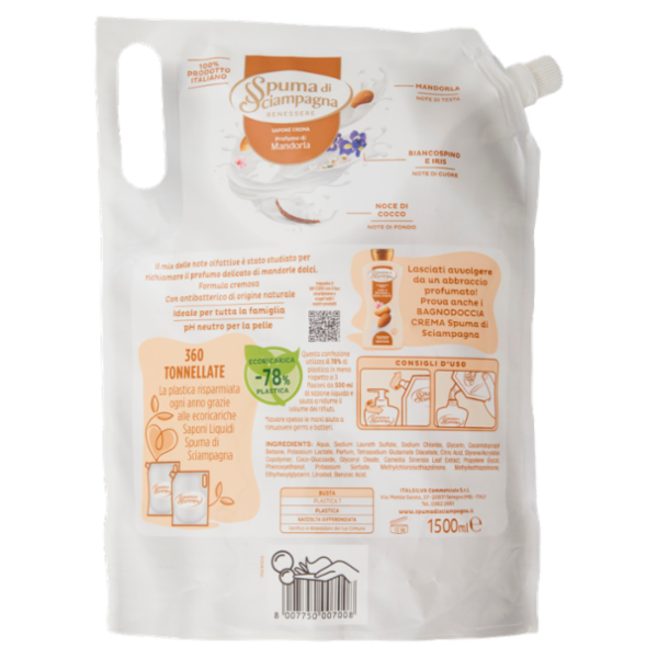 Spuma di Sciampagna Benessere Sapone Crema Mandorla Ecoricarica 1500 ml