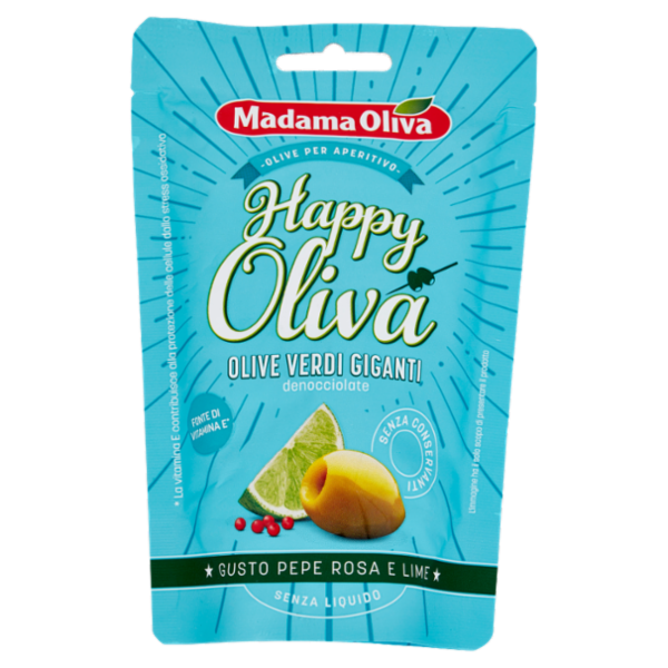 Madama Oliva Happy Oliva Olive Verdi Giganti denocciolate Gusto Pepe Rosa e Lime 80 g
