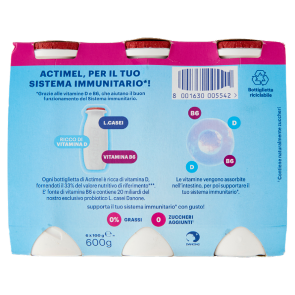 ACTIMEL, Yogurt da Bere con Vit B6 e D per il Sistema Immunitario, 0% grassi, gusto Fragola, 6X100G