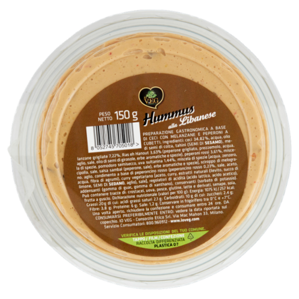 io VEG Hummus alla Libanese con Melanzane grigliate, Peperoni e Uvetta Sultanina 150 g