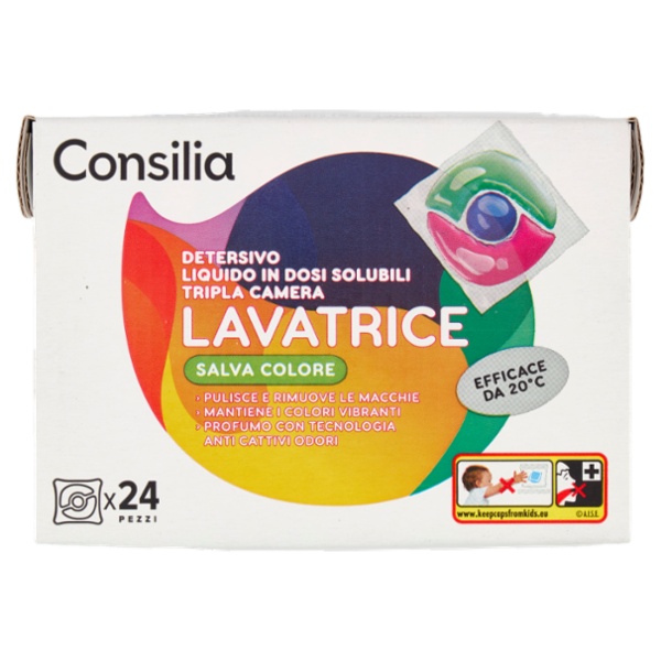 Consilia Detersivo Lavatrice Liquido Conc. per Capi Colorati 24 Capsule Idrosolubili 336 ml