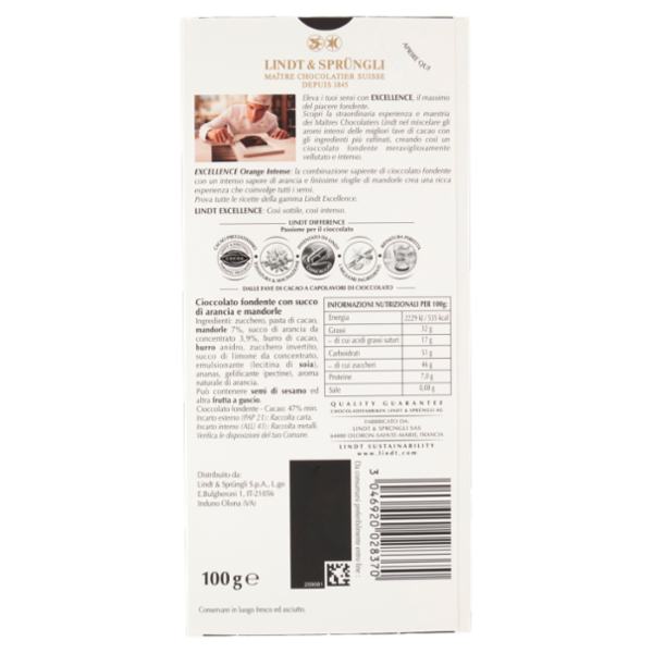 Lindt Excellence Tavoletta Cioccolato Fondente Arancia 100 g