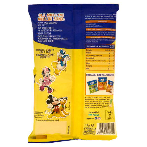 MELLIN Anellini di Mais, Disney Mickey Mouse, Snack Biologico, Senza Glutine, adatto dai 12 mesi 15g