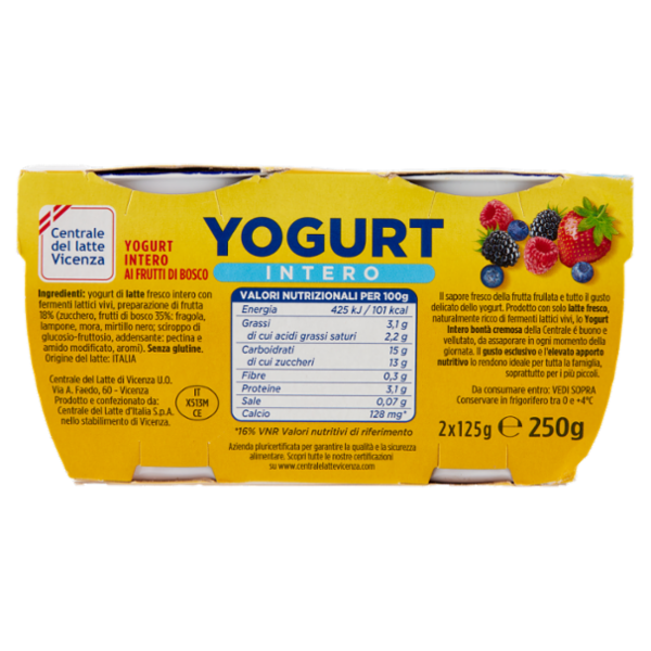 Centrale del latte Vicenza Yogurt Intero Frutta Frullata Frutti di Bosco 2 x 125 g