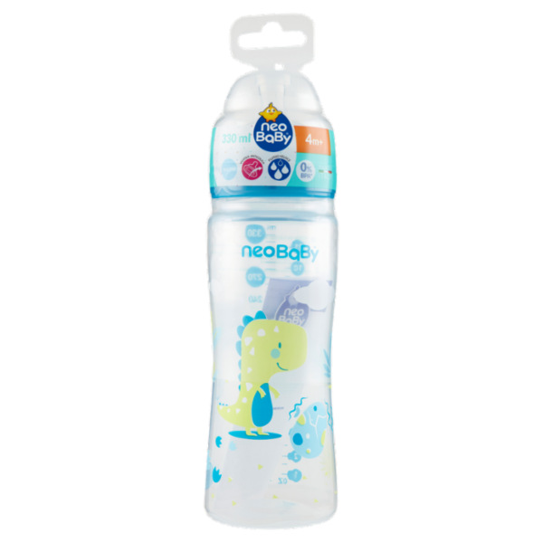 neo Baby Biberon Plastica Collo Largo 330 ml 4m+ Dino Blu