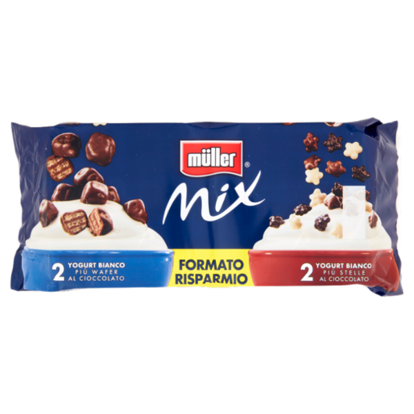 müller Mix 2 Yogurt Bianco Più Wafer al Cioccolato+2 Yogurt Bianco Più Stelle al Cioccolato 4x150g