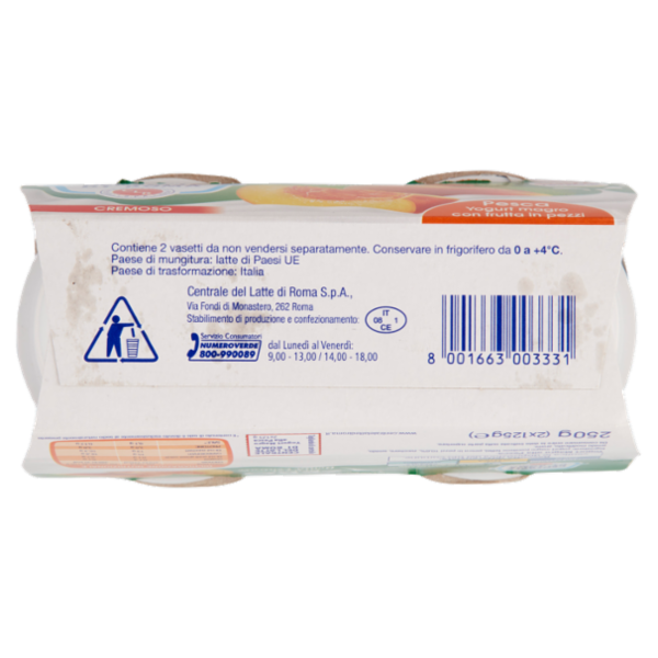 Centrale del Latte di Roma Zero Grassi Pesca Yogurt magro con frutta in pezzi 2 x 125 g