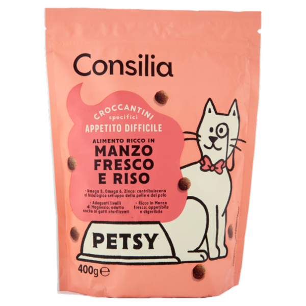 Consilia Petsy Gatto Appetito Difficile Croccantini con Manzo Fresco e Riso 400 g