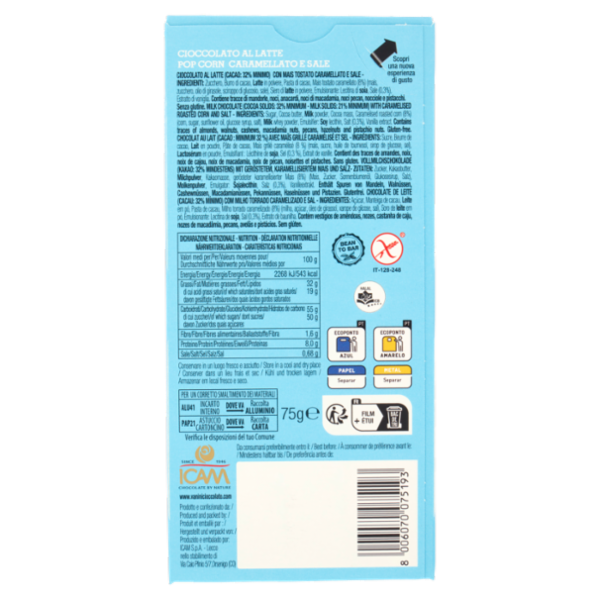 Vanini Tasting Experience Cioccolato al Latte Pop Corn Caramellato e Sale 75 g