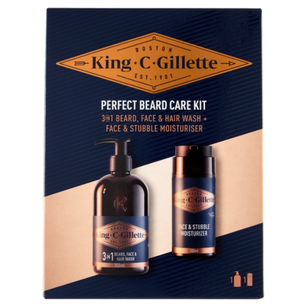 King C Gillette Perfect Beard Care Kit Detergente Barba, Viso e Capelli 350ml, Crema Idratante 100ml